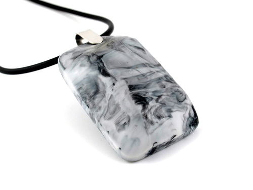 Black & White Pendant - Chunky Resin Pillow Shape Necklace with Marble Effect