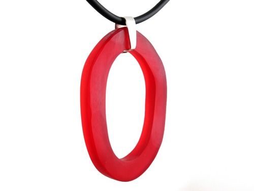 Watermelon Red Necklace - Opaque Finish Resin Pendant in Oval Hand Carved Shape